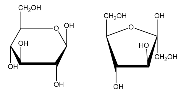 Linear chemical structures of a fructose molecule (left) and a glucose