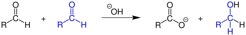 Aldehyde without alpha hydrogen undergoes Cannizzaro reaction in presence of strong base to produce carboxylic acid and alcohol.