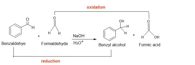 Cross cannizzaro reaction between formaldehyde and benzaldehyde.